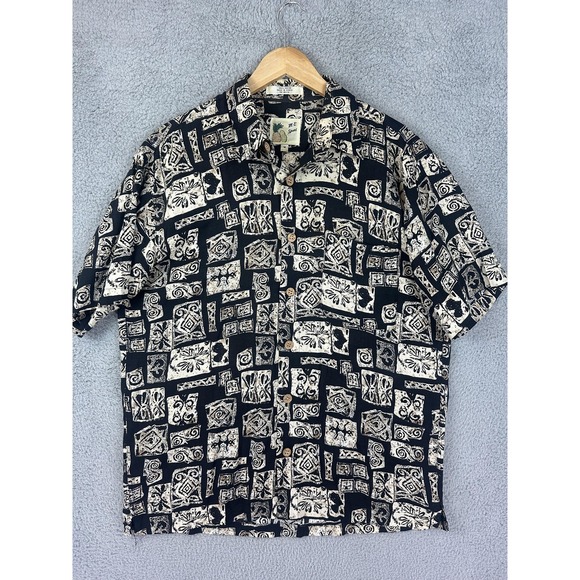 Other - Vintage M.E. Sport Shirt Mens Medium Black Beige Rayon Hawaiian Tiki Camp Block